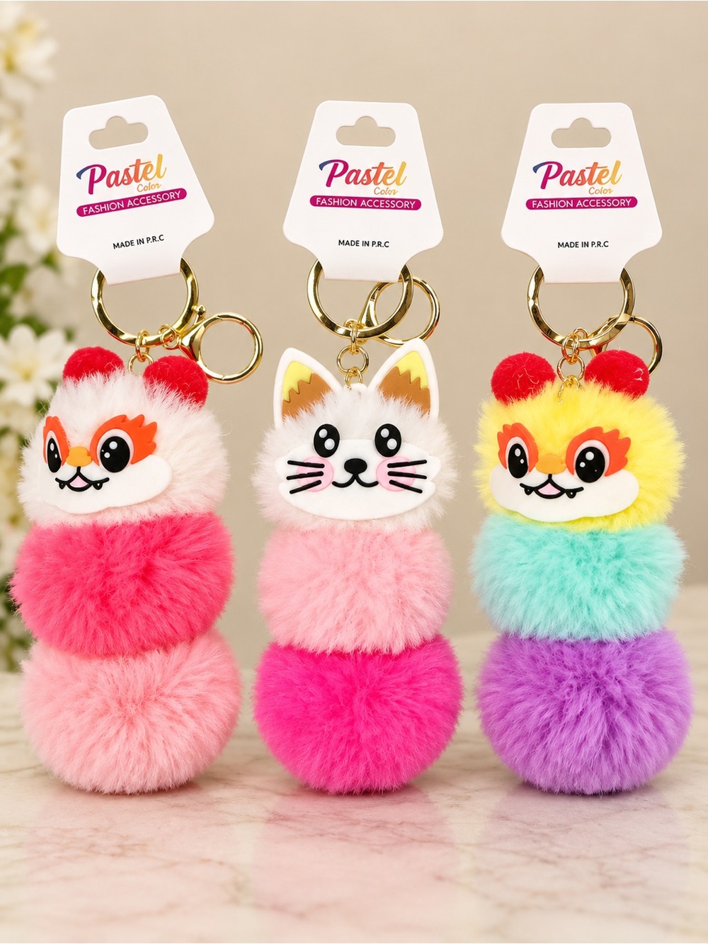Pom Pom Fox Cat Keychains set of 3